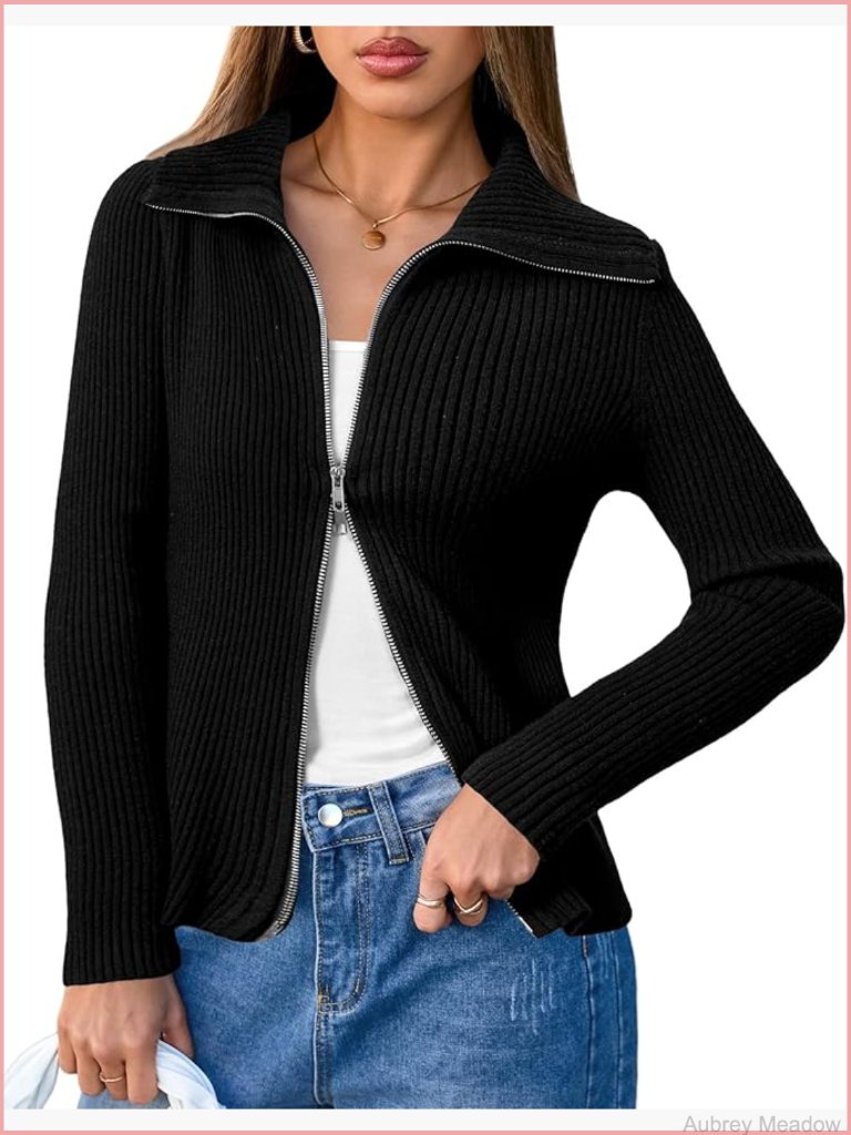 Vneck Zip Up Merino Wool Blend Slim Fit Cardigan